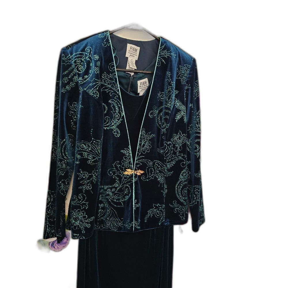 Vintage Velvet Sparkle Holiday Festive Dress Teal Green Stretchy Classy 6P